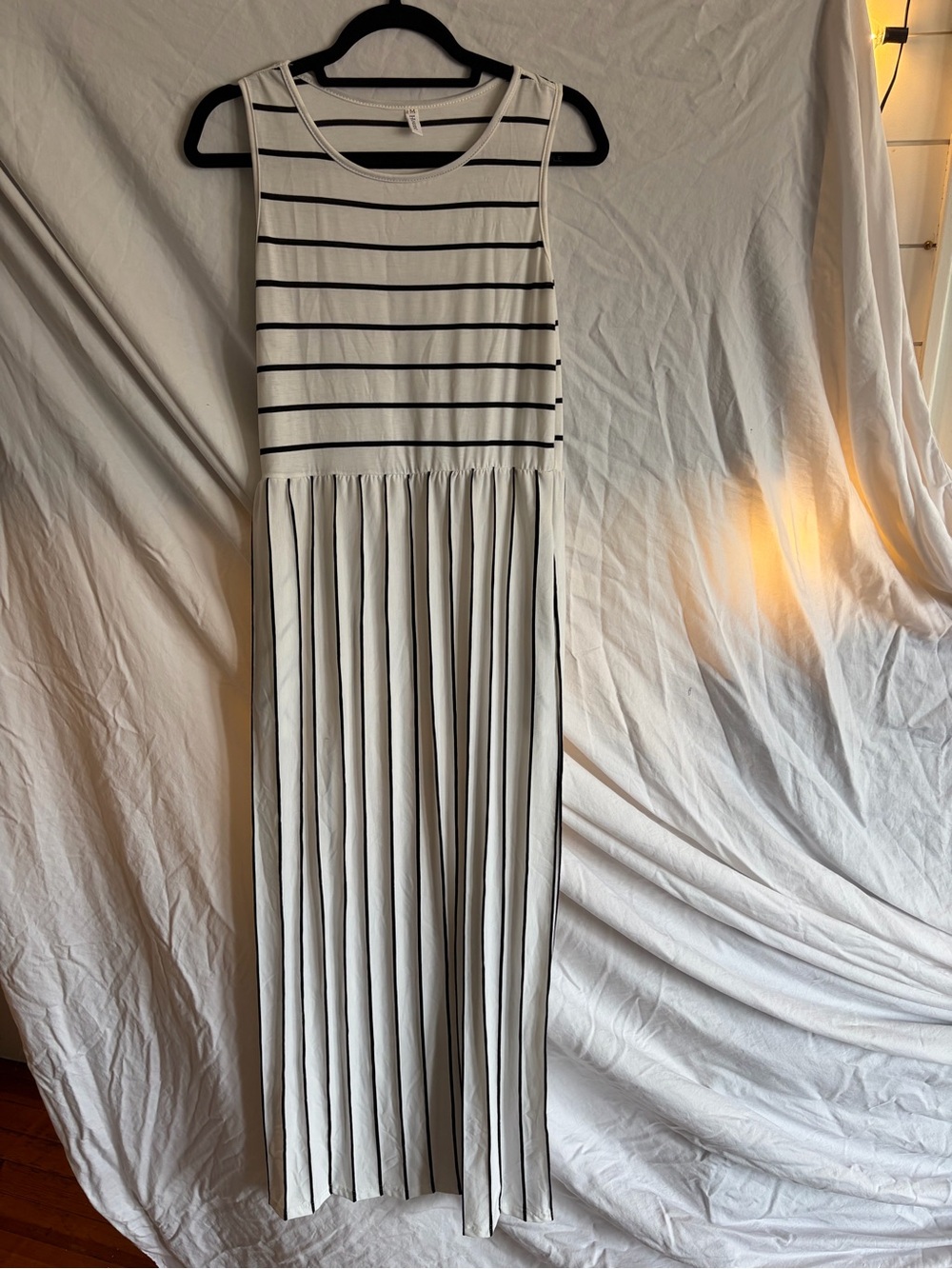 Striped Sleeveless White Maxi Dress with Black Accents